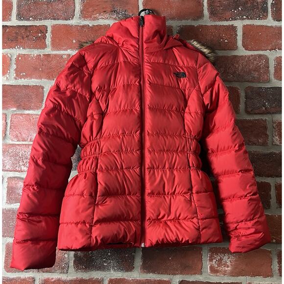 The North Face Red Gotham 550 Down Puffer Faux Fur Hood Jacket Size Small - Picture 2 of 13